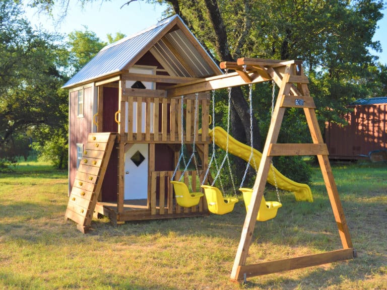 red playhouse swing set